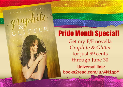 Image showing the cover of my novella Graphite & Glitter and advertising at 99-cent sale for Pride Month